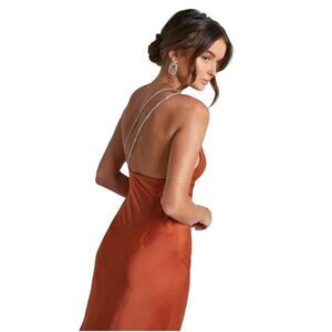 Showpo ELZALES Dress One Shoulder Beaded Strap Satin Dress Rust 2 NWT